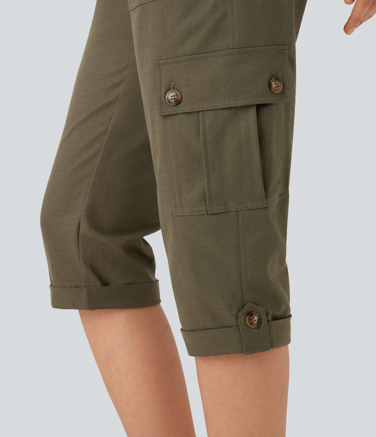 Mid Rise Rolled Hem Casual Cargo Trousers with Flap Pockets — Dusky Green — view 6
