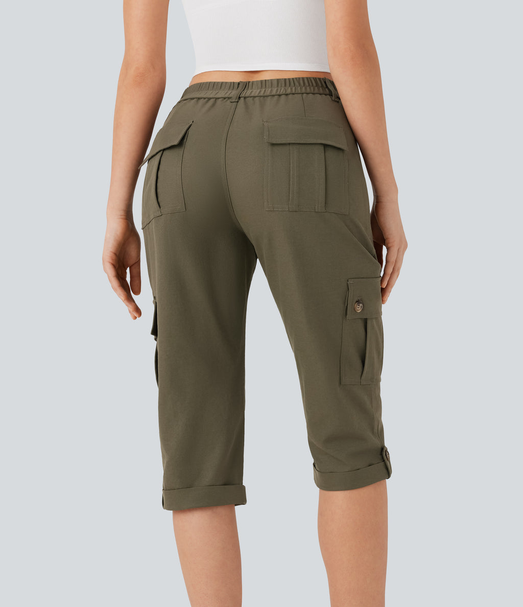 Mid Rise Rolled Hem Casual Cargo Trousers with Flap Pockets — Dusky Green — view 2