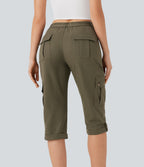 Mid Rise Rolled Hem Casual Cargo Trousers with Flap Pockets — Dusky Green — view 2