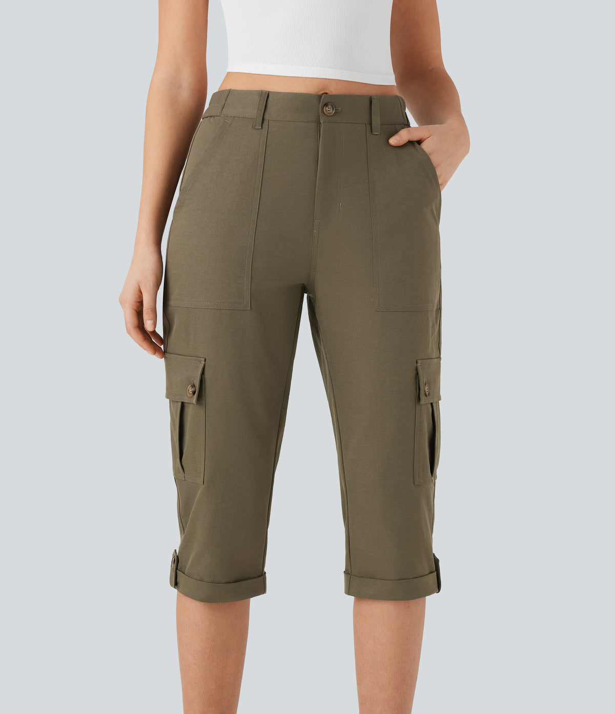 Mid Rise Rolled Hem Casual Cargo Trousers with Flap Pockets — Dusky Green — view 1