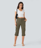 Mid Rise Rolled Hem Casual Cargo Trousers with Flap Pockets — Dusky Green — view 7