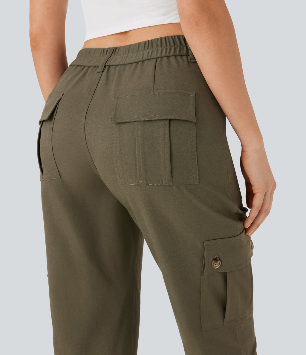 Mid Rise Rolled Hem Casual Cargo Trousers with Flap Pockets — Dusky Green — view 5
