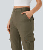 Mid Rise Rolled Hem Casual Cargo Trousers with Flap Pockets — Dusky Green — view 4