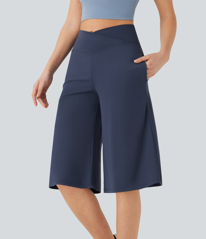 Airy Crossover High Waisted Wide Leg Yoga Cropped Capri Trousers with Pockets — Mood Indigo — view 1