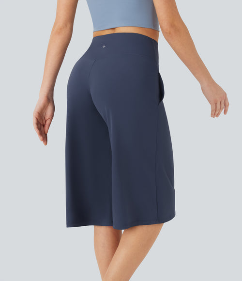Airy Crossover High Waisted Wide Leg Yoga Cropped Capri Trousers with Pockets — Mood Indigo — view 2