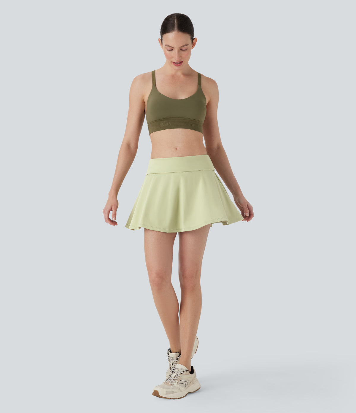 Foldover Super Low Rise 2-in-1 Micro Mini Yoga A-line Skirt with Pockets — Meadow Mist — view 6