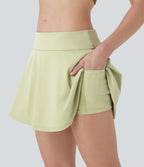 Foldover Super Low Rise 2-in-1 Micro Mini Yoga A-line Skirt with Pockets — Meadow Mist — view 5