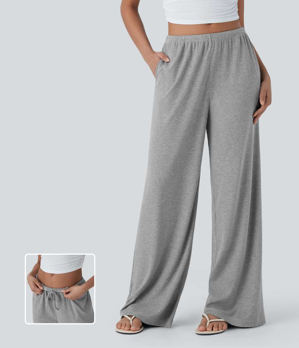 High Stretch Ribbed Low Rise Drawstring Wide Leg Flowy Casual Trousers with Pockets — Fog Gray — view 1