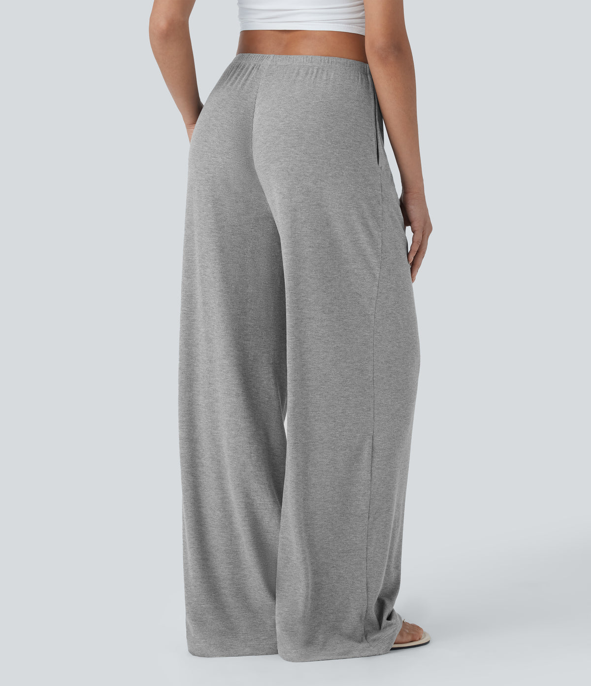 High Stretch Ribbed Low Rise Drawstring Wide Leg Flowy Casual Trousers with Pockets — Fog Gray — view 2