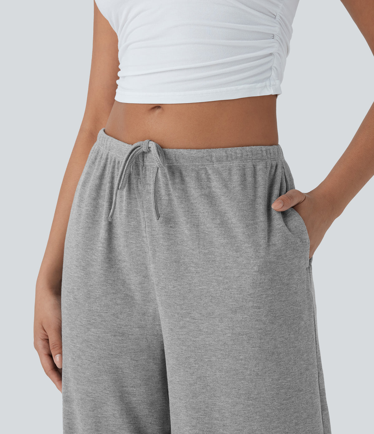 High Stretch Ribbed Low Rise Drawstring Wide Leg Flowy Casual Trousers with Pockets — Fog Gray — view 5