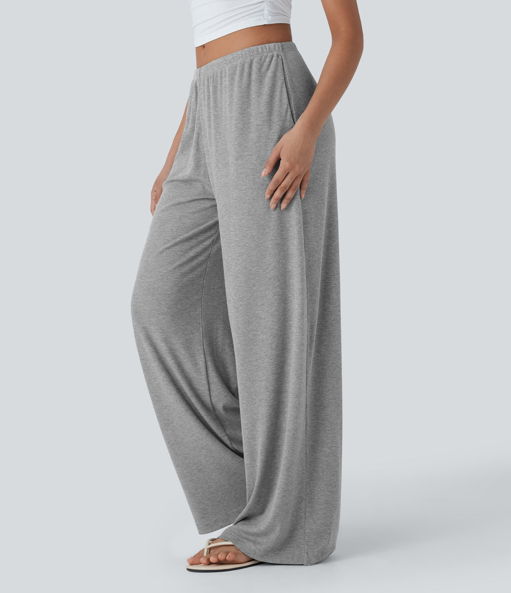 High Stretch Ribbed Low Rise Drawstring Wide Leg Flowy Casual Trousers with Pockets — Fog Gray — view 3