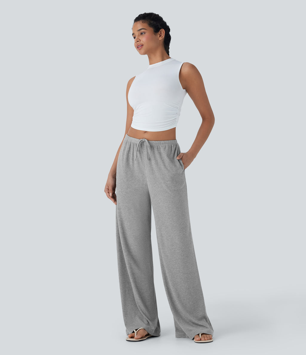 High Stretch Ribbed Low Rise Drawstring Wide Leg Flowy Casual Trousers with Pockets — Fog Gray — view 6