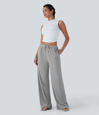 High Stretch Ribbed Low Rise Drawstring Wide Leg Flowy Casual Trousers with Pockets — Fog Gray — view 6