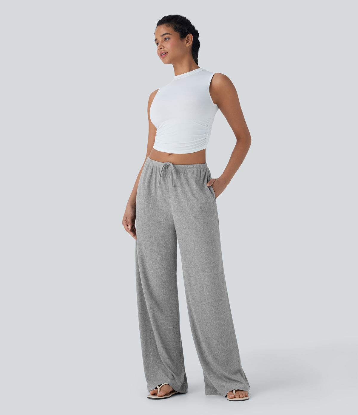 High Stretch Ribbed Low Rise Drawstring Wide Leg Flowy Casual Trousers with Pockets — Fog Gray — view 6