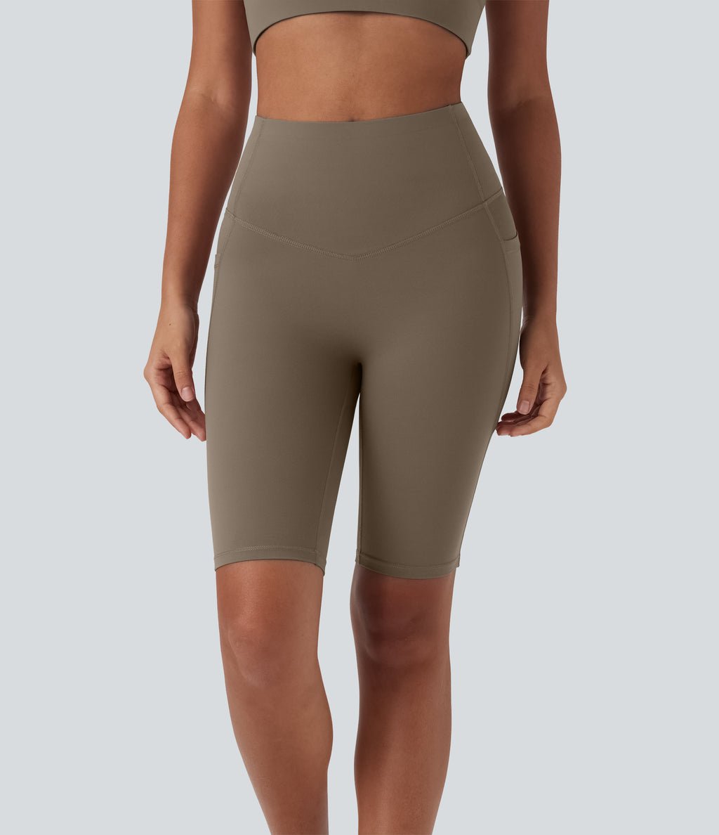 High Waisted Butt Lifting Tummy Control Shaping Training Biker Shorts 9'' with Pockets — Dawn Brown — view 3
