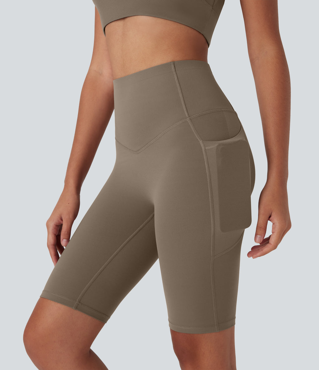 High Waisted Butt Lifting Tummy Control Shaping Training Biker Shorts 9'' with Pockets — Dawn Brown — view 5