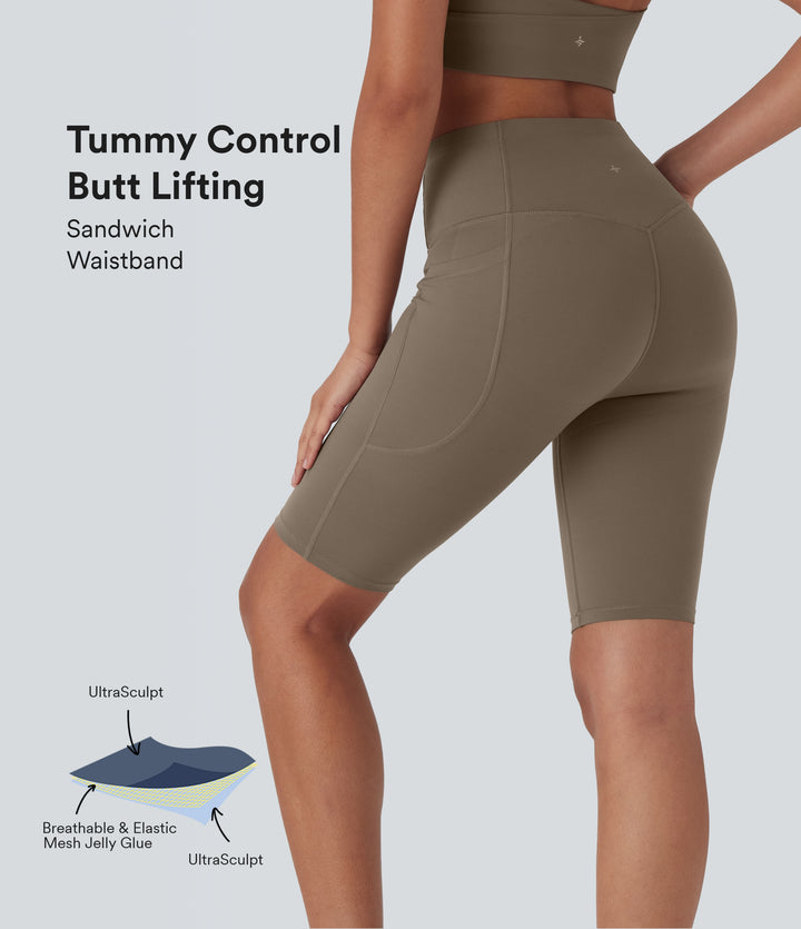 High Waisted Butt Lifting Tummy Control Shaping Training Biker Shorts 9'' with Pockets — Dawn Brown — view 1