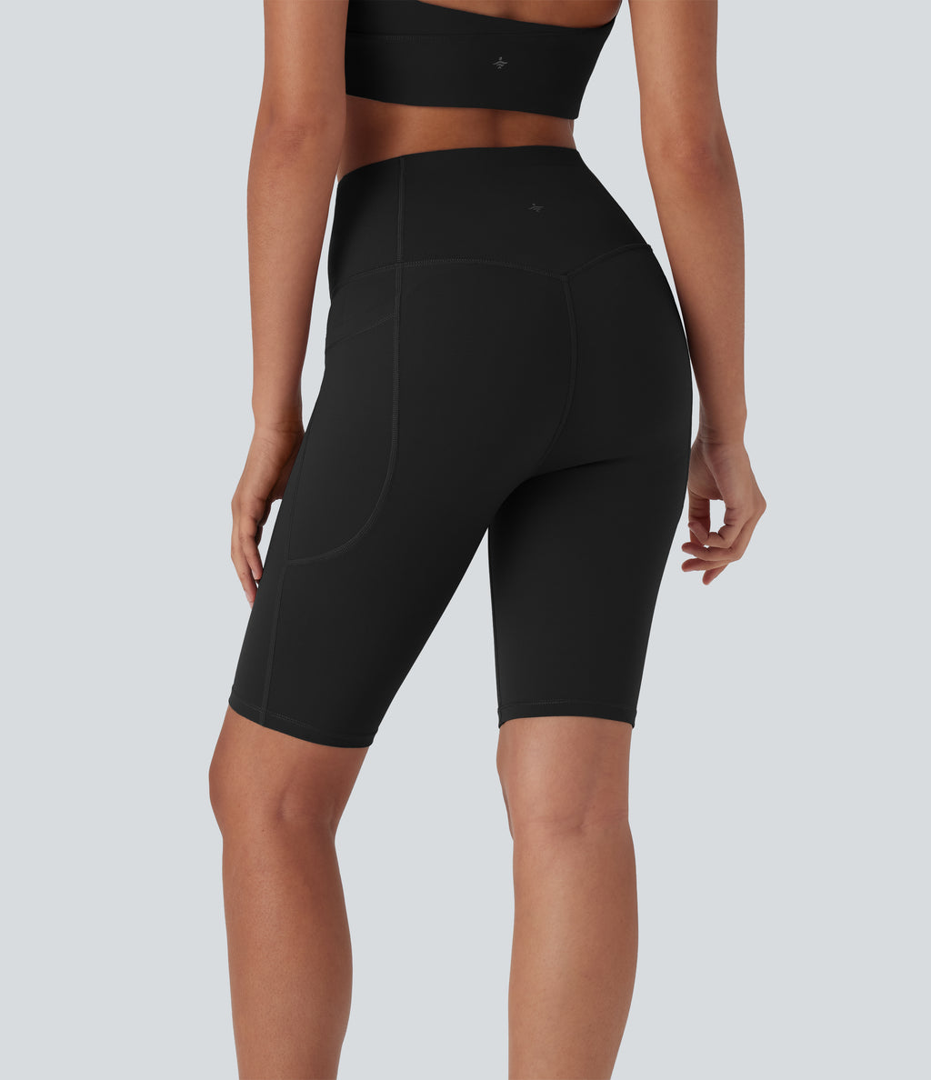 High Waisted Butt Lifting Tummy Control Shaping Training Biker Shorts 9'' with Pockets — Black — view 8