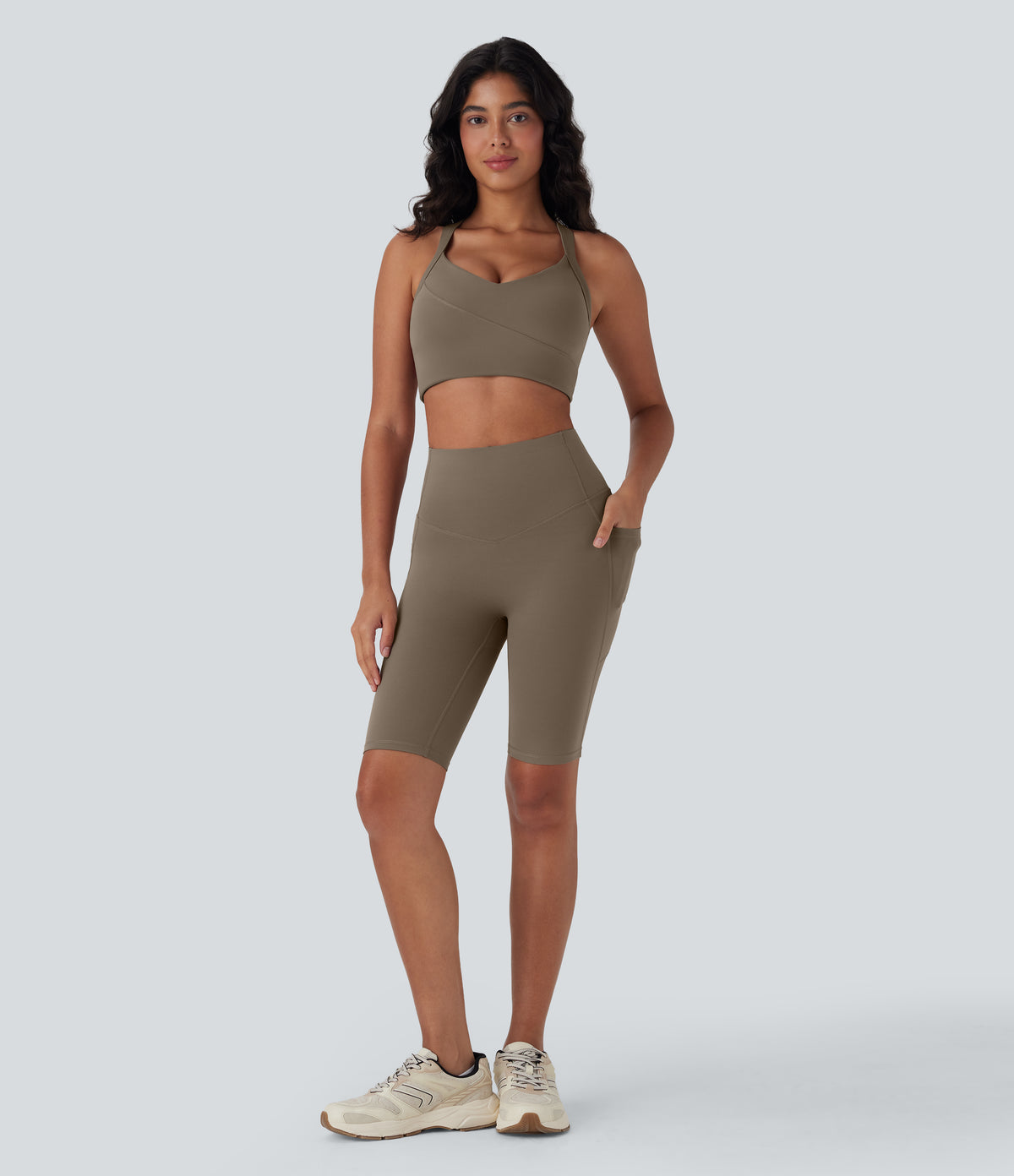 High Waisted Butt Lifting Tummy Control Shaping Training Biker Shorts 9'' with Pockets — Dawn Brown — view 7