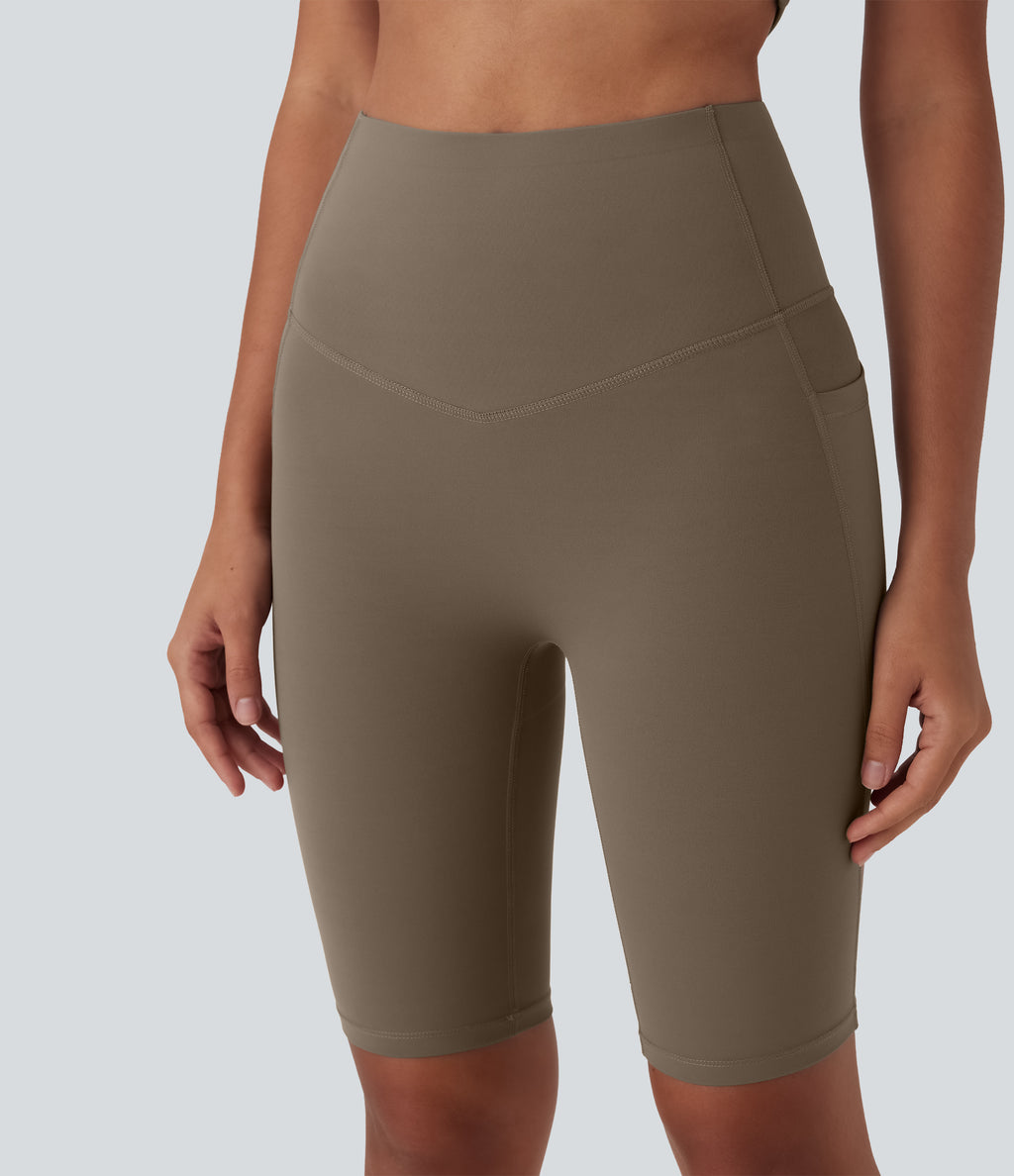 High Waisted Butt Lifting Tummy Control Shaping Training Biker Shorts 9'' with Pockets — Dawn Brown — view 6