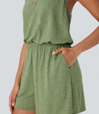 Adjustable Strap Wide Leg Resort Jumpsuit with Pockets — Light Green Floral Yarn — view 6