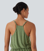 Adjustable Strap Wide Leg Resort Jumpsuit with Pockets — Light Green Floral Yarn — view 5