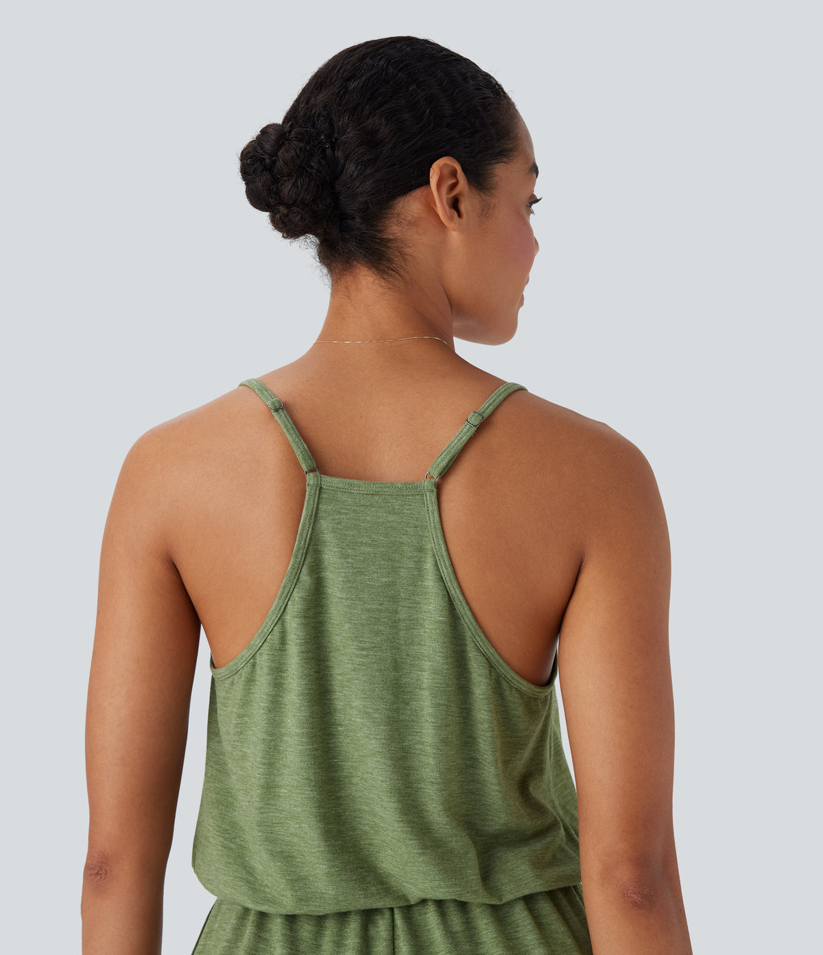 Adjustable Strap Wide Leg Resort Jumpsuit with Pockets — Light Green Floral Yarn — view 5