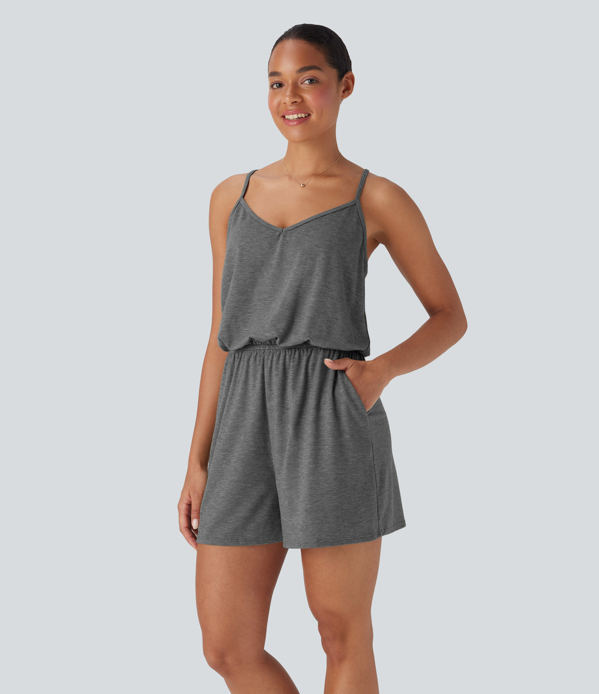 Adjustable Strap Wide Leg Resort Jumpsuit with Pockets — Darl Gray Floral Yarn — view 10