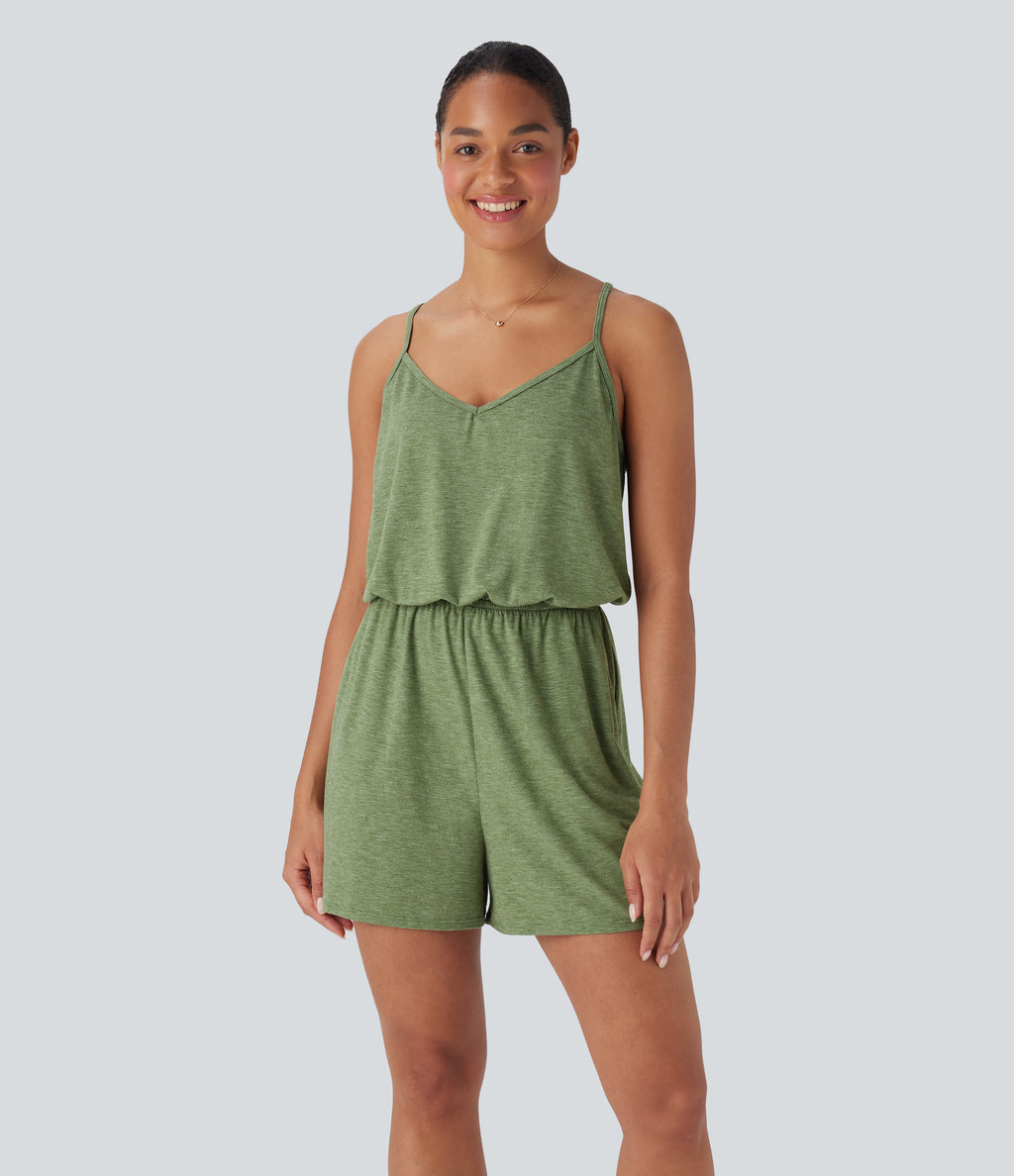 Adjustable Strap Wide Leg Resort Jumpsuit with Pockets — Light Green Floral Yarn — view 3