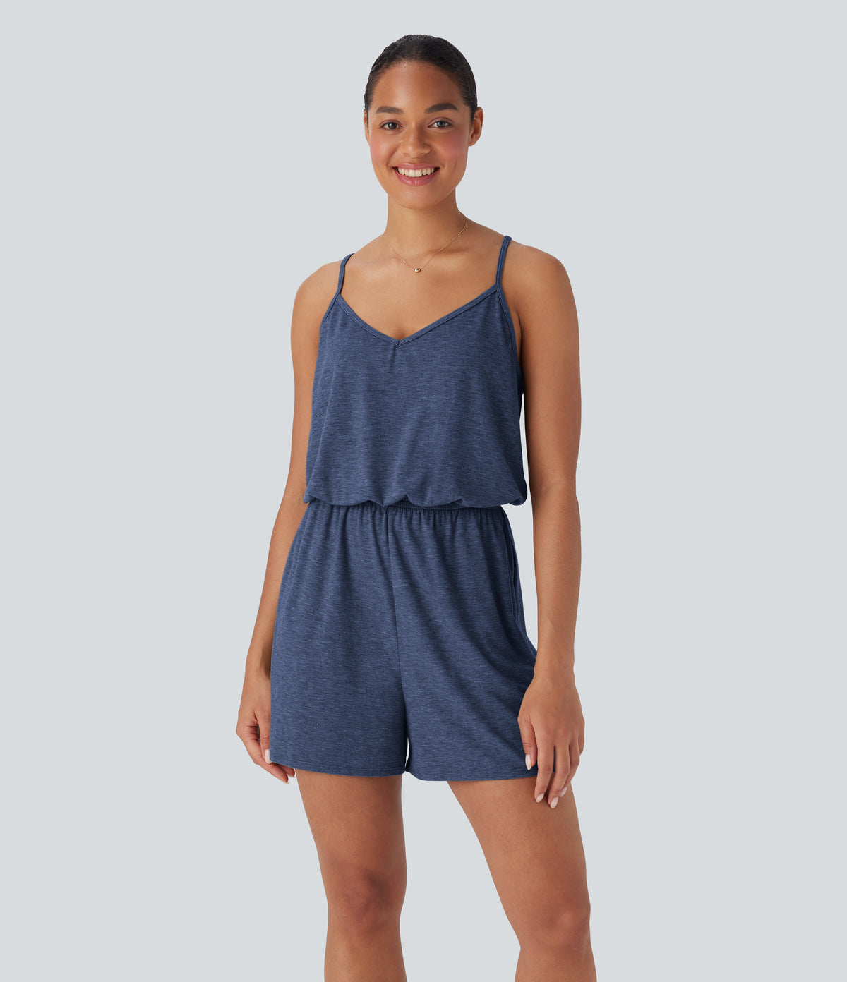 Adjustable Strap Wide Leg Resort Jumpsuit with Pockets — Mottled Indigo — view 9