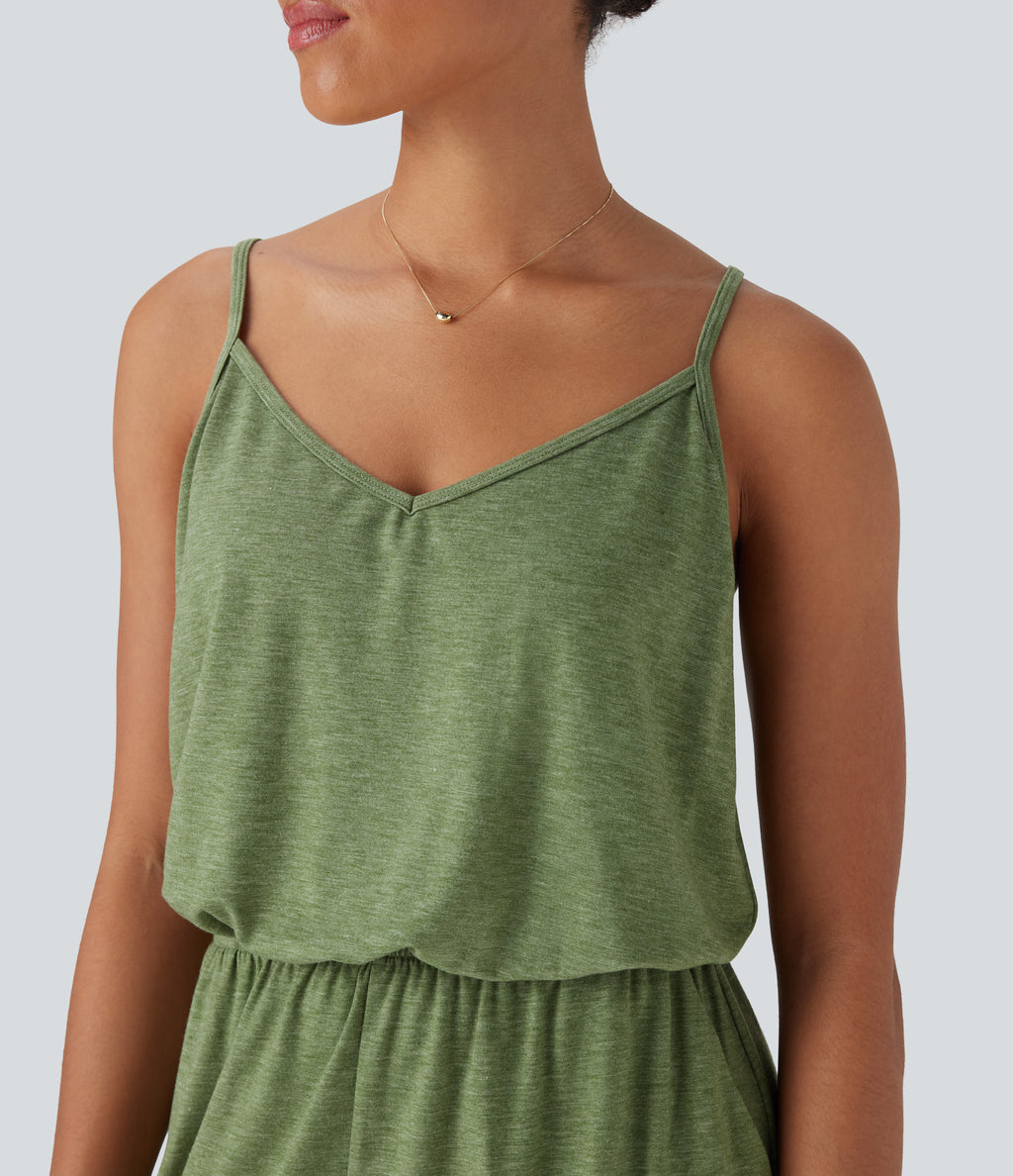 Adjustable Strap Wide Leg Resort Jumpsuit with Pockets — Light Green Floral Yarn — view 4