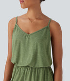 Adjustable Strap Wide Leg Resort Jumpsuit with Pockets — Light Green Floral Yarn — view 4