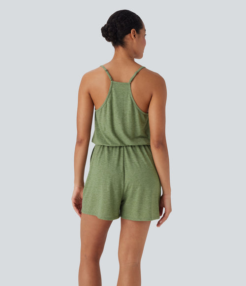 Adjustable Strap Wide Leg Resort Jumpsuit with Pockets — Light Green Floral Yarn — view 2