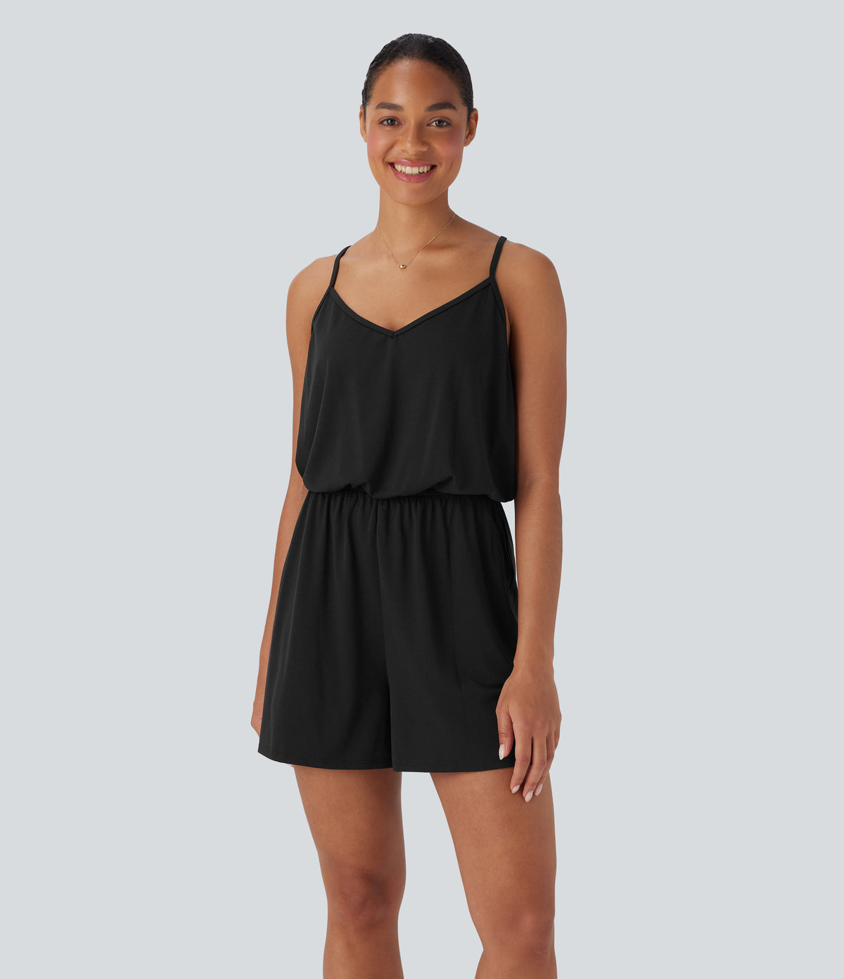 Adjustable Strap Wide Leg Resort Jumpsuit with Pockets — Black — view 8