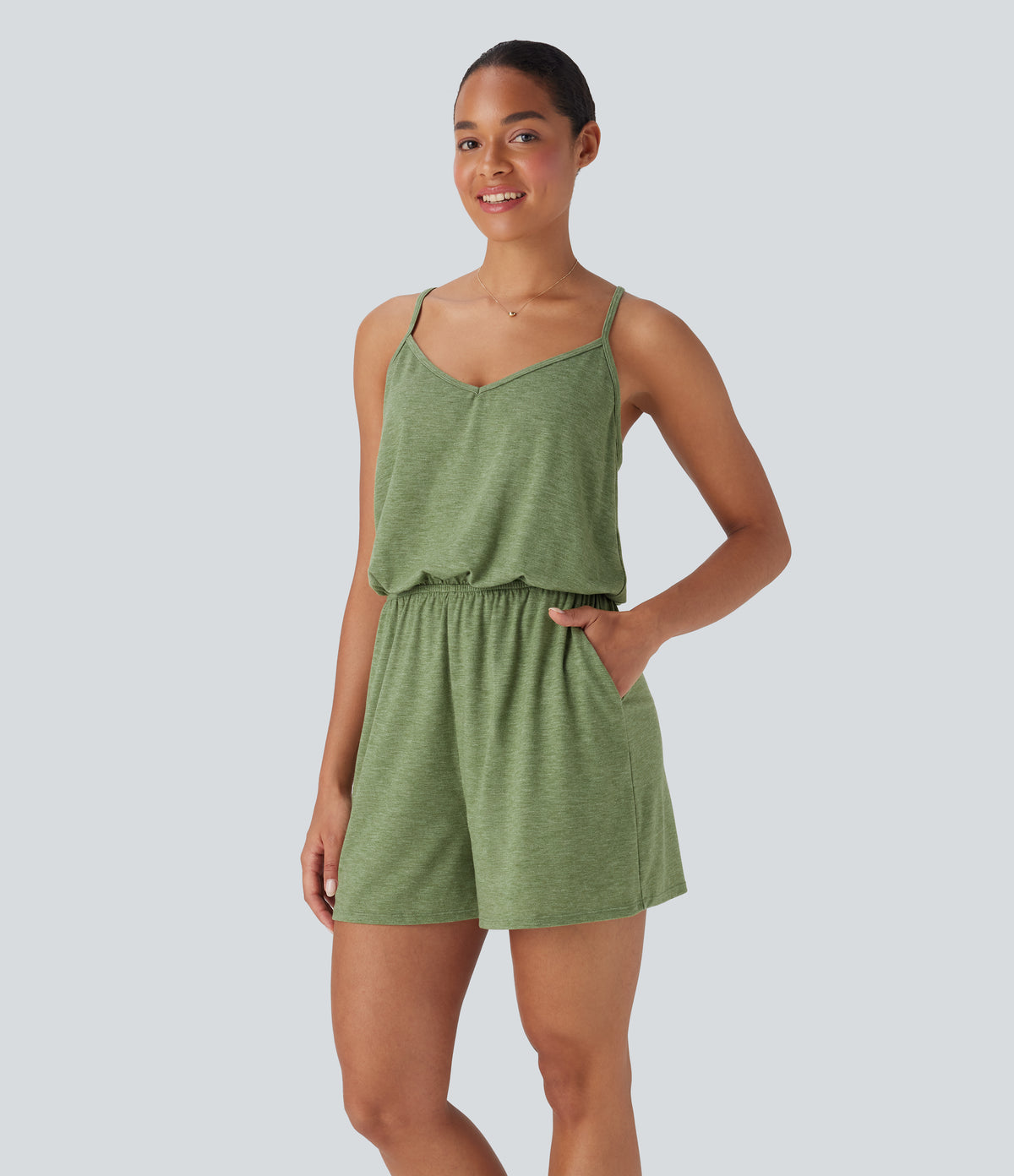 Adjustable Strap Wide Leg Resort Jumpsuit with Pockets — Light Green Floral Yarn — view 1
