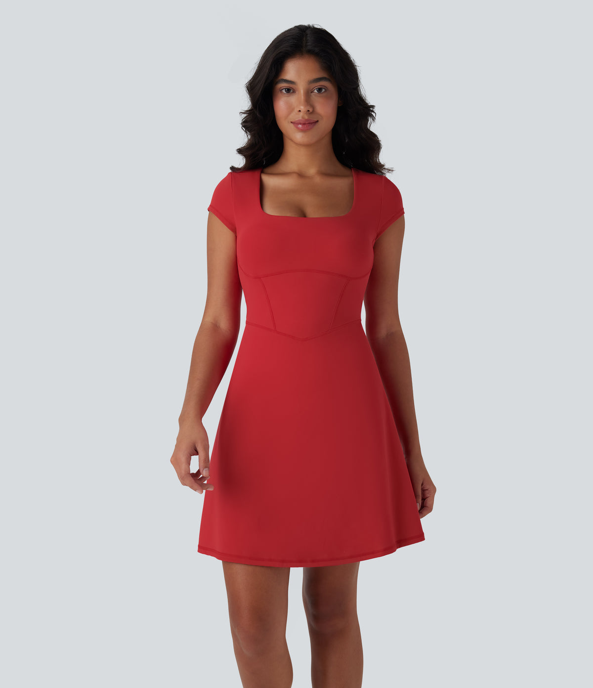Plush Square Neck Corset 2-in-1 Mini Casual Dress with Pockets — Mars Red — view 4