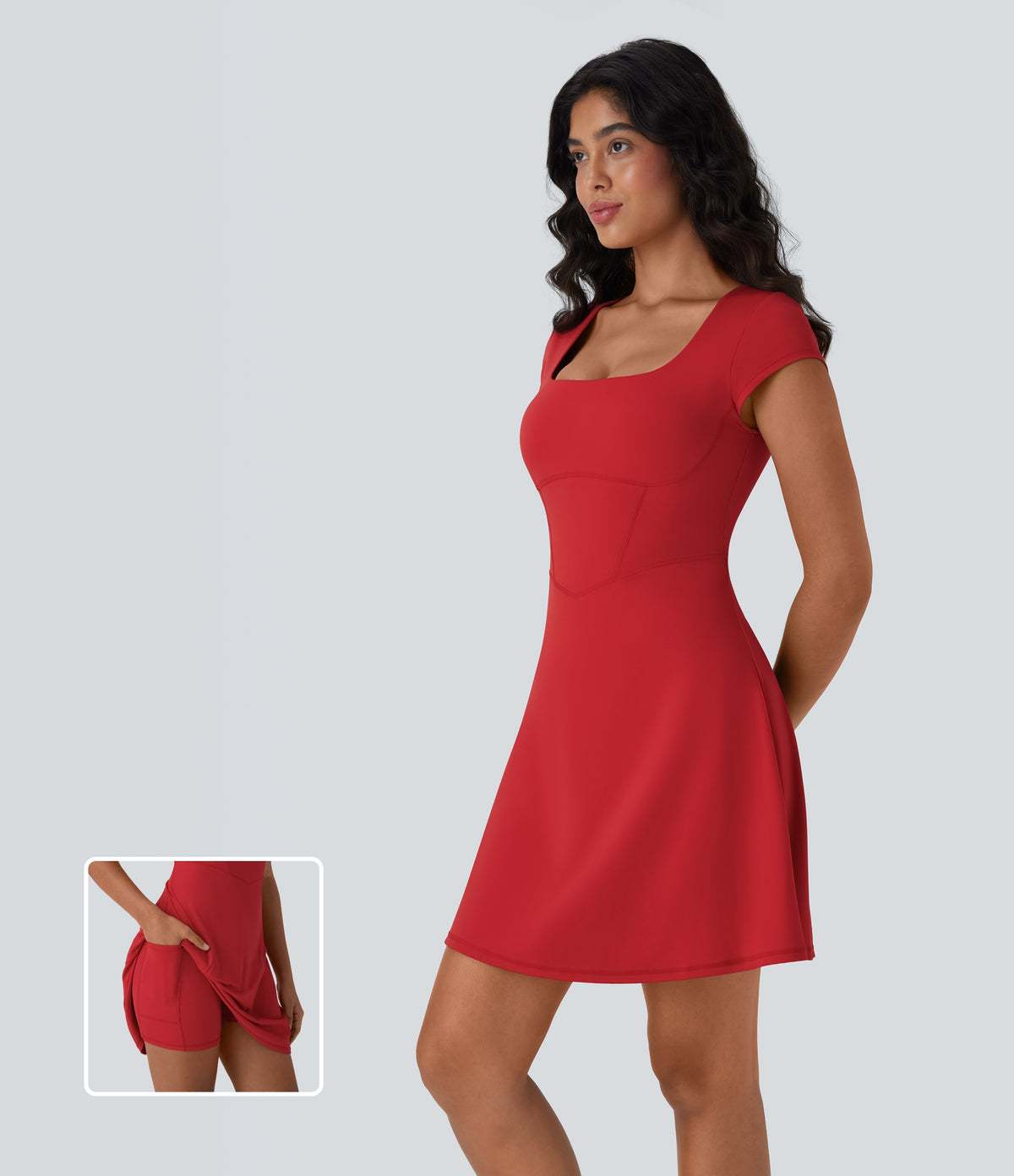 Plush Square Neck Corset 2-in-1 Mini Casual Dress with Pockets — Mars Red — view 2