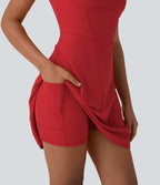 Plush Square Neck Corset 2-in-1 Mini Casual Dress with Pockets — Mars Red — view 5
