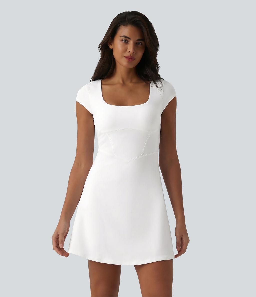 Plush Square Neck Corset 2-in-1 Mini Casual Dress with Pockets — White — view 8