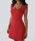 Plush Square Neck Corset 2-in-1 Mini Casual Dress with Pockets — Mars Red — view 6