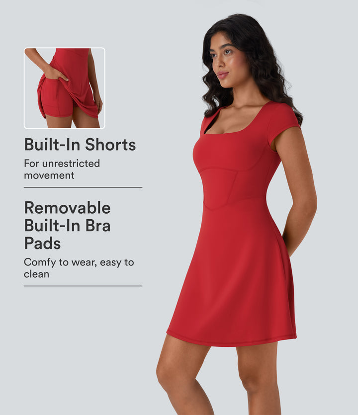 Plush Square Neck Corset 2-in-1 Mini Casual Dress with Pockets — Mars Red — view 1