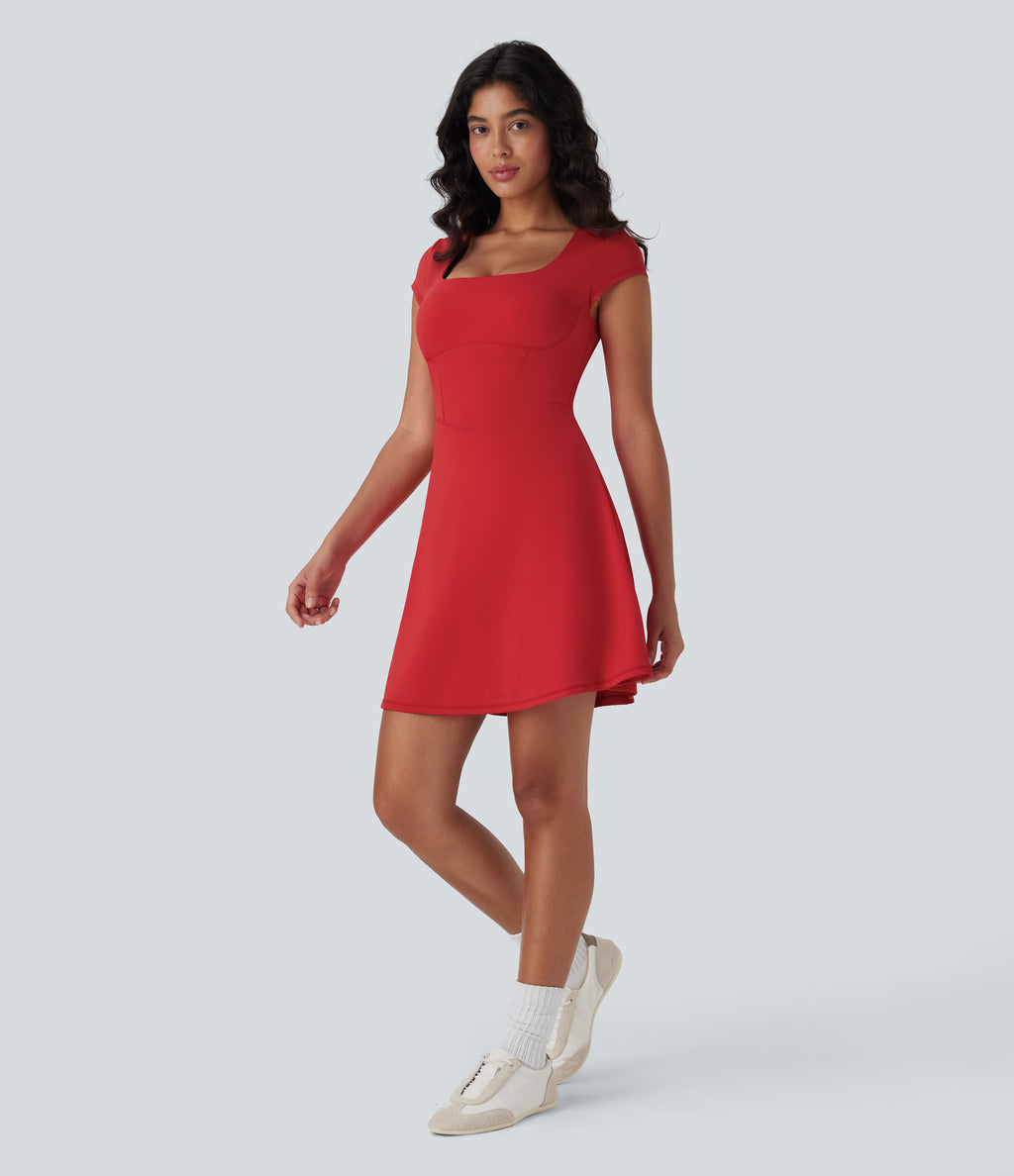 Plush Square Neck Corset 2-in-1 Mini Casual Dress with Pockets — Mars Red — view 7