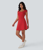 Plush Square Neck Corset 2-in-1 Mini Casual Dress with Pockets — Mars Red — view 7