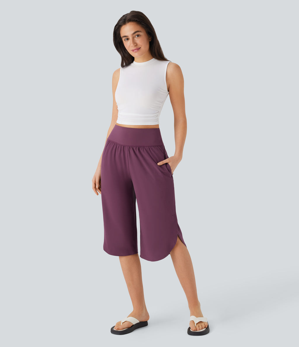 High Waisted Tummy Control Quick Dry Casual Trousers with Pockets — Amaranth — view 7