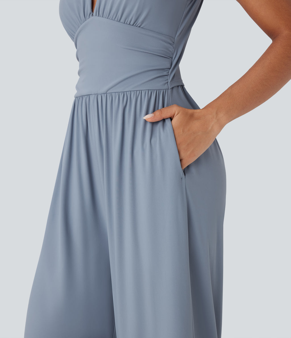 Airy V Neck Sleeveless Ruched Pocket InstantCool Casual Jumpsuit — Snowflake Blue — view 6