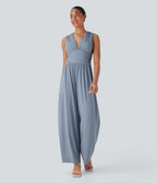 Airy V Neck Sleeveless Ruched Pocket InstantCool Casual Jumpsuit — Snowflake Blue — view 3