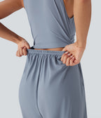 Airy V Neck Sleeveless Ruched Pocket InstantCool Casual Jumpsuit — Snowflake Blue — view 4