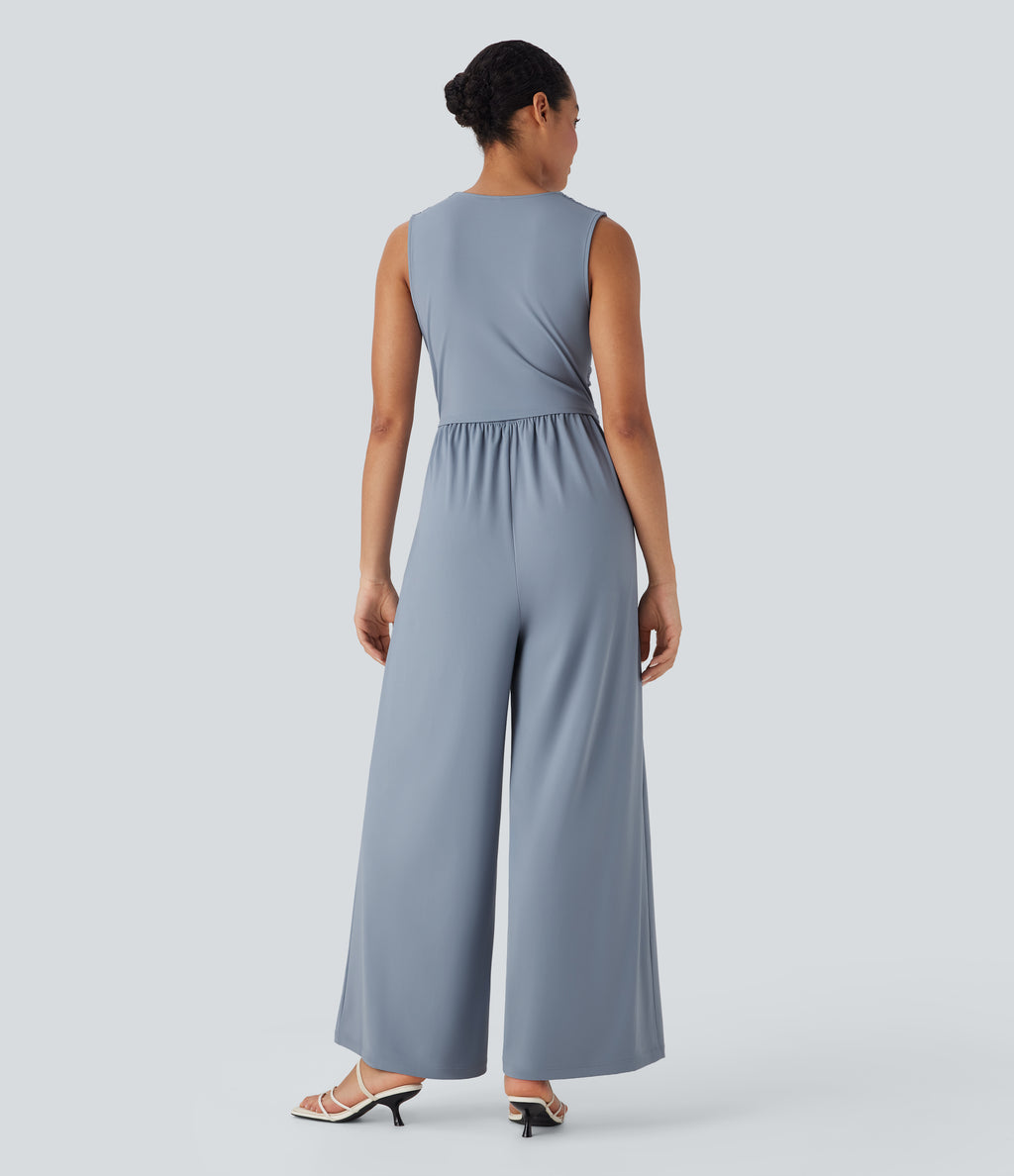 Airy V Neck Sleeveless Ruched Pocket InstantCool Casual Jumpsuit — Snowflake Blue — view 2