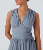Airy V Neck Sleeveless Ruched Pocket InstantCool Casual Jumpsuit — Snowflake Blue — view 5