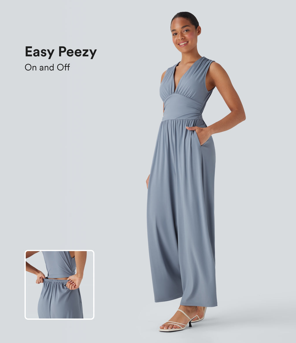 Airy V Neck Sleeveless Ruched Pocket InstantCool Casual Jumpsuit — Snowflake Blue — view 1